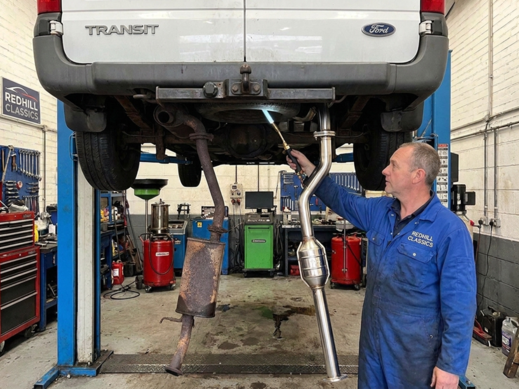 Car exhaust system being inspected by a mechanic at Redhill Classics